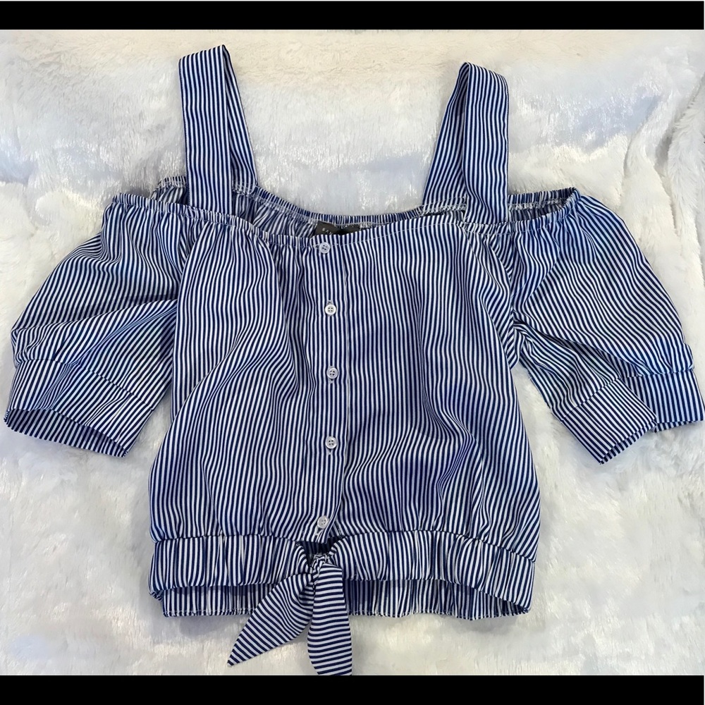 Off-Shoulder White&Blue Pinstripe tie top